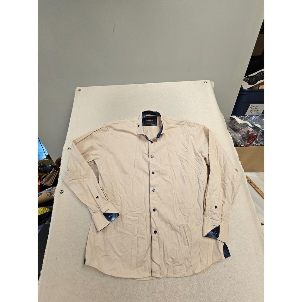Maceoo Tan Italian Jacquard Long Sleeve Button Down Shirt Mens 5 XL Plaid Trim